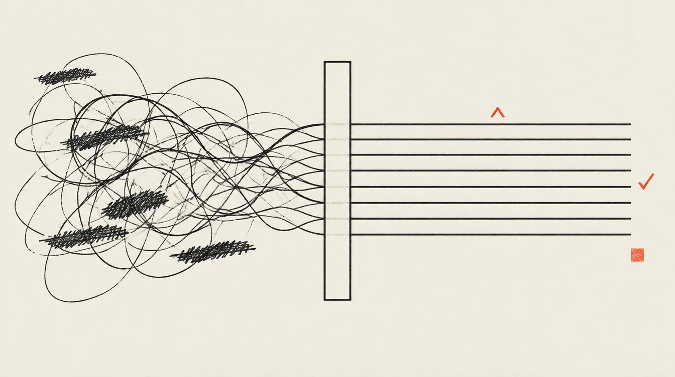 Tangled hand-drawn lines pass through a frame and come out as straight, evenly ruled lines with proofreading marks.