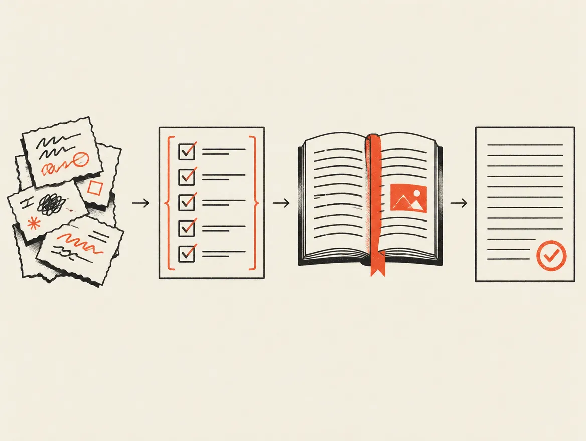 Four panels: loose notes, a bracketed checklist, an open reference book with a bookmark, and a single clean sheet with a check stamp.